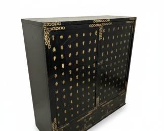 Black Lacquered Cabinet with Gold Chinoiserie Characters Decoration