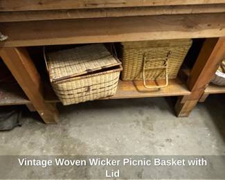 Vintage Woven Wicker Picnic Basket with Lid
