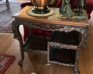 Ornate Carved Chinese Hardwood Side Table with Copper Urn Lamp