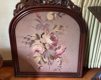 Victorian Needlepoint Fire Screen with Carved Wood Frame