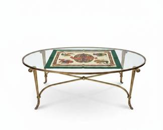 LaBarge Style Hollywood Regency Brass and Glass Oval Coffee Table with Decorative Insert