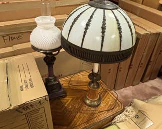 Victorian Slag Glass Table Lamp with Frosted Glass Accent Lamp