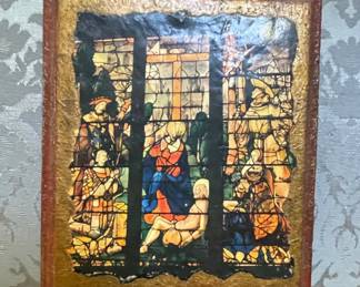 Religious Scene Stained Glass Panel with Ornate Frame