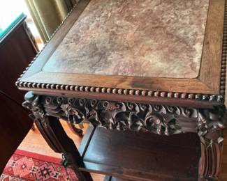 Antique Chinese Carved Rosewood and Marble Top Side Table