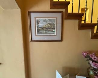 Engraving of a European Cityscape with Bridge