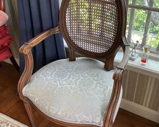 Louis XVI Style Cane Back Armchair with Damask Upholstery