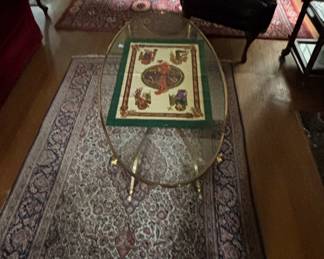 LaBarge Style Hollywood Regency Brass and Glass Oval Coffee Table with Decorative Insert