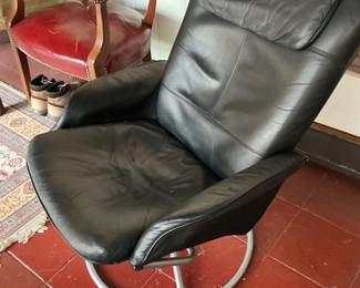 IKEA Malung Black Leather Swivel Lounge Chair and Ottoman
