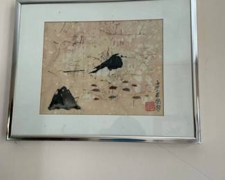 Kawanabe Kysai Style Ink Painting of Crow and Rock