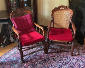 Pair of Victorian Cane Back Armchairs in Red Velvet