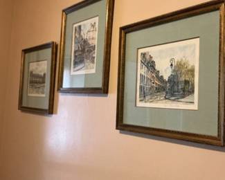 Set of French Street Scene Watercolor Paintings by P. Lelong