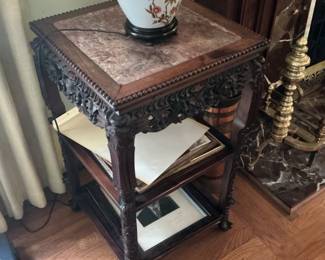 Chinese Rosewood Carved TwoTier Plant Stand with Marble Top
