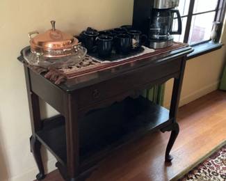 Vintage Wooden Side Table with Copper and Glass Serving Dish Set