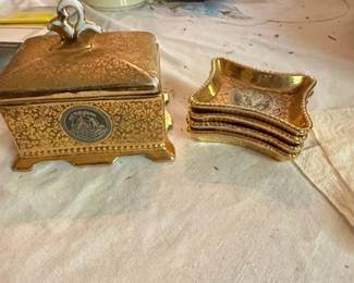 Vintage Le Mieux China Porcelain Trinket Box and Ring Holders with k Gold and Platinum Decoration
