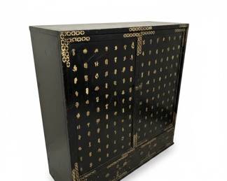 Black Lacquered Cabinet with Gold Chinoiserie Characters Decoration