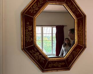 Octagonal Gilt and Red Chinoiserie Style Mirror