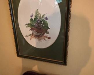 Framed Lithograph of a Bird and Violets