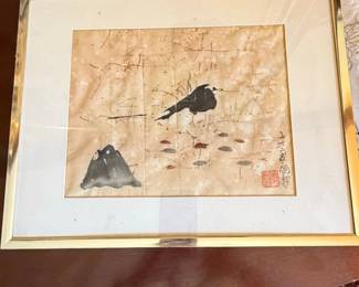 Japanese Ink Painting of Bird and Fish by Watanabe Seitei
