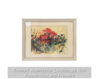 Framed Watercolor Landscape with Farmhouse and Flowers