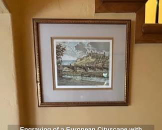 Engraving of a European Cityscape with Bridge