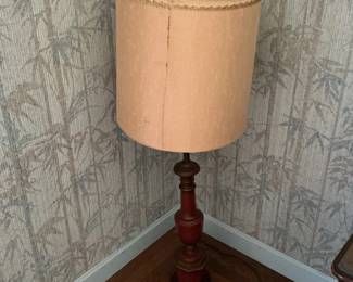 Vintage Red Turned Wood Table Lamp with Hexagonal Details and Peach Fabric Shade