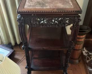 Antique Chinese Carved Rosewood Marble Top Side Table