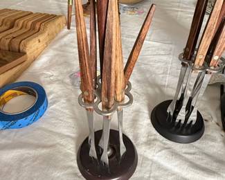 Vintage Fondue Forks Set with Teak Handles and Stands