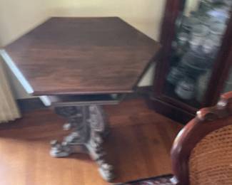 Victorian Walnut Octagonal Pedestal Table with Carved Figures