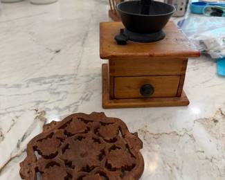 Wood trivets and vintage coffee grinder