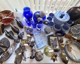 Vintage Irons, Cobalt Glassware, Blue Stoneware 