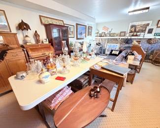 Antique Tulip Lamp, Coffee Table with glass top, art collection