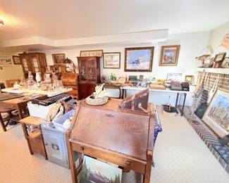 Iron shoe shine stand, antique typewriters