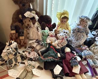 Antique Bears, China Porcelain dolls, handmade fabric dolls
