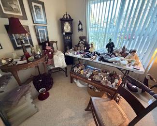 Grandfather clock, framed art work, handmade deocrated egg collection, antique dolls