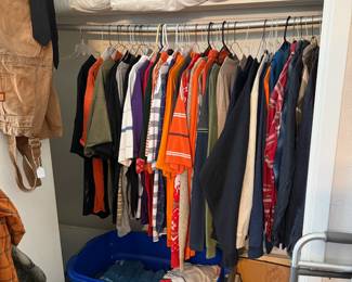 Men's polo shirts, flannel shirts, and Harley T-shirt