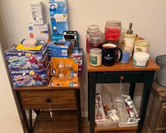 Lightbulbs, candles, two side tables, miscellaneous