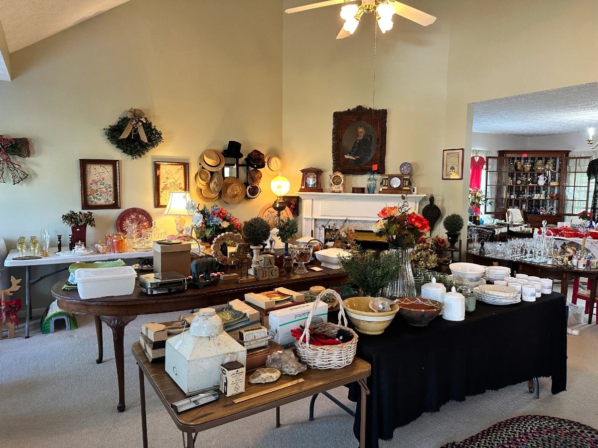 Snapshot of assorted antiques, vintage glassware, framed art, and decorative pieces. Great mix of items throughout the sale with something for every style.