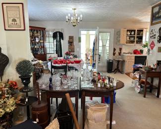 Snapshot of assorted antiques, vintage glassware, framed art, and decorative pieces. Great mix of items throughout the sale with something for every style.