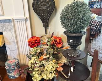 Primitive and vintage collection featuring a wooden butter churn, plant stand, and decorative accents. Great mix of textures and materials with strong rustic character—ideal for display or farmhouse-style décor.