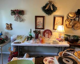 Snapshot of assorted antiques, vintage glassware, framed art, and decorative pieces. Great mix of items throughout the sale with something for every style.