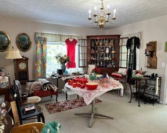 Snapshot of assorted antiques, vintage glassware, framed art, and decorative pieces. Great mix of items throughout the sale with something for every style.