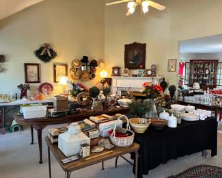 Snapshot of assorted antiques, vintage glassware, framed art, and decorative pieces. Great mix of items throughout the sale with something for every style.