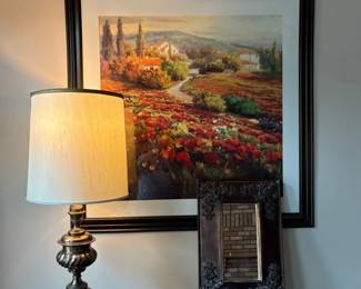 Large Art Print, Solid Brass Table Lamp, Antique Wood Framed Mirror