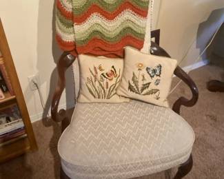 Queen Ann Style Arm Chair, Afghan And Pillows