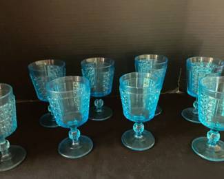Eight Vintage Blue Pressed Glass Goblets