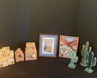 Light Up Pueblo Houses, Two Pics and Glass Cactus