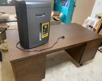 Walnut Colored Wood Office Desk And Shredder