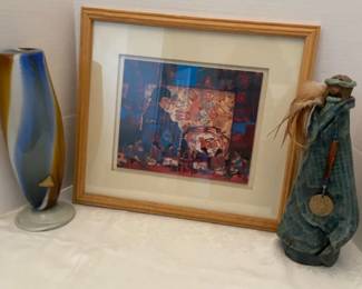 Ceramic Native American Hopi Maiden, Glass Vase And A Signed Picture