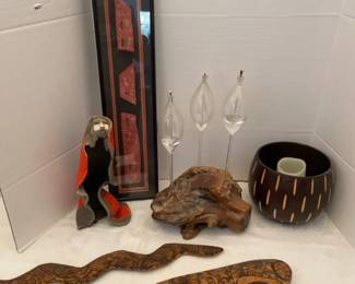 Sculptured Wood Burl Based Oil Lamp, Petroglyph Picture And More