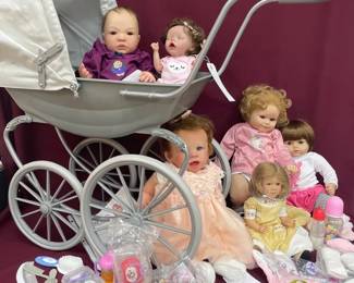  05 London Doll Pram W Various Vtg Dolls  Accessories